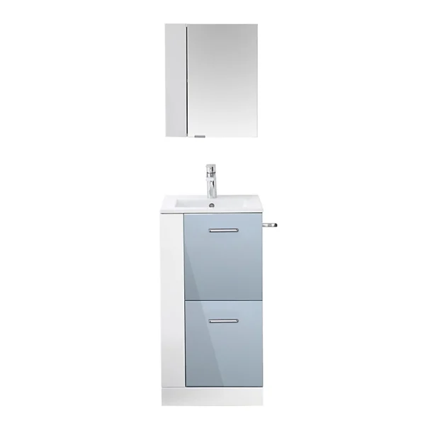 Castorama Ensemble L.43 Cm Waneta Meuble Sous Vasque Version Gauche Blanc Façade Bleue à Poser + Plan Vasque Céramique Blanc vente pas cher 1