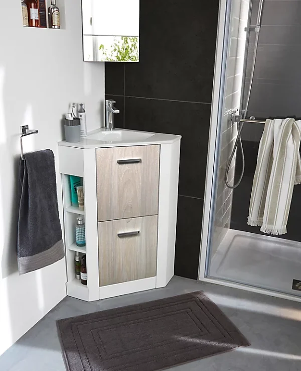 boutique pas cher Castorama Ensemble L.46 Cm Waneta Meuble Sous Vasque D’angle Blanc Façade Bois à Poser + Plan Vasque D’angle Céramique Blanc 1