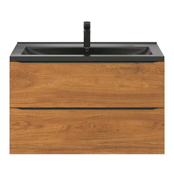 design à la mode Castorama Ensemble Salle De Bains L.100 Cm Meuble à Suspendre Imandra Décor Noyer + Plan Vasque Céramique Noir 1