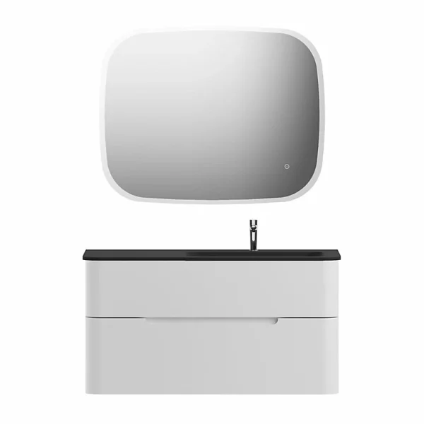Top ventes Castorama Ensemble Salle De Bains L. 104 Cm Meuble Sous Vasque Blanc Mat + Plan Vasque à Droite Noir Mat Alba 1