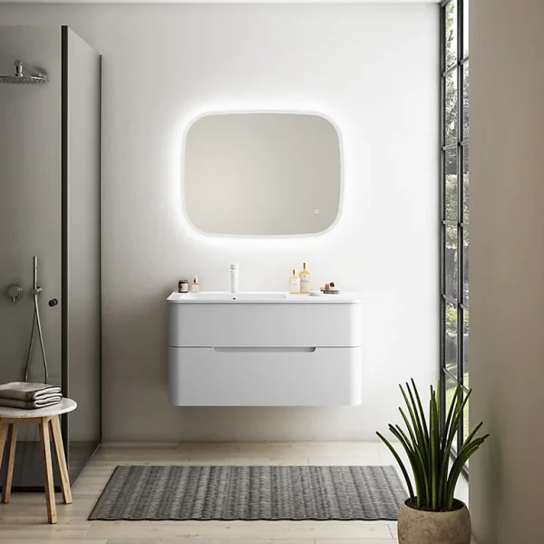 prix pas cher Castorama Ensemble Salle De Bains L. 104 Cm Meuble Sous Vasque Blanc Mat + Plan Vasque à Gauche Blanc Brillant Alba 1