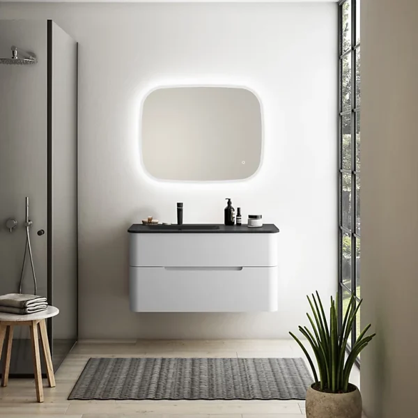 Castorama Ensemble Salle De Bains L. 104 Cm Meuble Sous Vasque Blanc Mat + Plan Vasque à Gauche Noir Mat Alba beauté 1