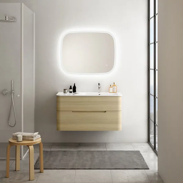 Castorama Ensemble Salle De Bains L. 104 Cm Meuble Sous Vasque Décor Bois Natuel + Plan Vasque à Droite Blanc Mat Alba qualité supérieure 1