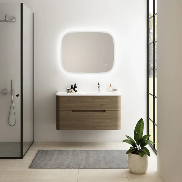 mode tendance Castorama Ensemble Salle De Bains L. 104 Cm Meuble Sous Vasque Décor Noyer + Plan Vasque à Droite Blanc Mat Alba 1