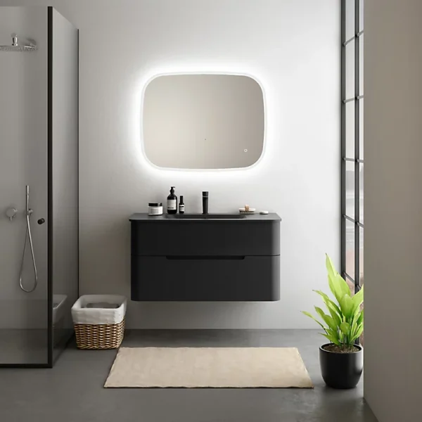 grande qualité Castorama Ensemble Salle De Bains L. 104 Cm Meuble Sous Vasque Noir Mat + Plan Vasque Version Centre Noir Mat Alba 1