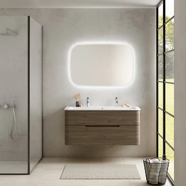 mode pas chere Castorama Ensemble Salle De Bains L. 119 Cm Meuble Sous Vasque Décor Noyer + Plan Vasque Blanc Mat Alba 1