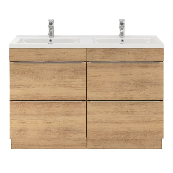 Castorama Ensemble Salle De Bains L.120 Cm Meuble à Poser Imandra Décor Chêne + Plan Double Vasque Céramique Blanc vente luxe pas cher 1