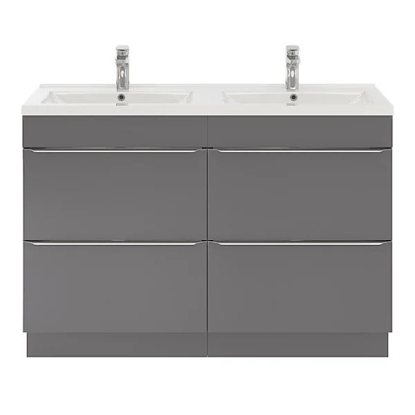 Castorama Ensemble Salle De Bains L.120 Cm Meuble à Poser Imandra Gris Brillant + Plan Double Vasque Céramique Blanc magasin france 1