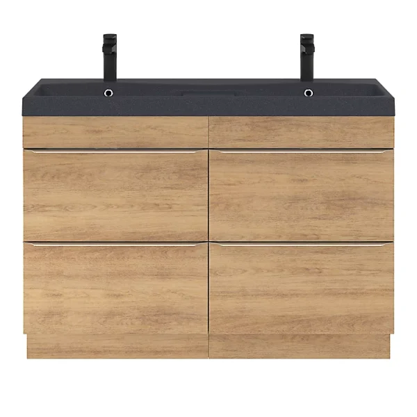 Castorama Ensemble Salle De Bains L.120 Cm Meuble à Suspendre Imandra Décor Chêne + Plan Vasque Résine Noir Prestation Et Rapide 1