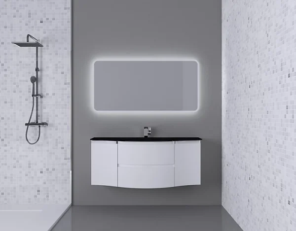 vente luxe pas cher Castorama Ensemble Salle De Bains L.138 Cm Meuble Sous Vasque Blanc Brillant + Plan Vasque Central Verre Noir Mat Vague 1