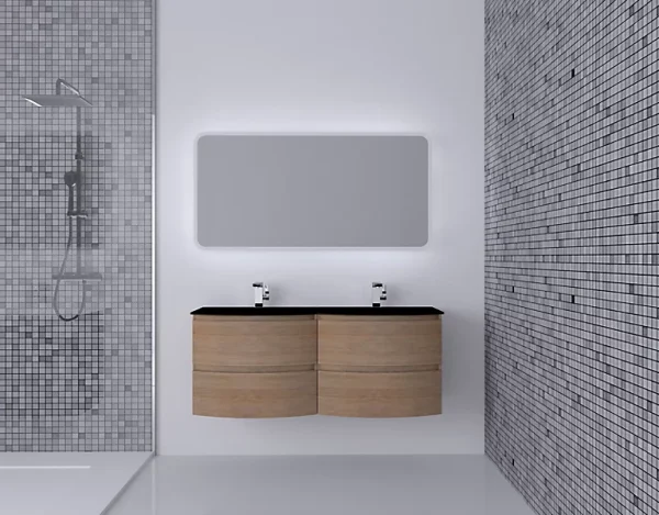 Castorama Ensemble Salle De Bains L.138 Cm Meuble Sous Vasque Effet Bois + Plan Double Vasque Verre Noir Mat Vague Pas Cher Magasin Soldes 1