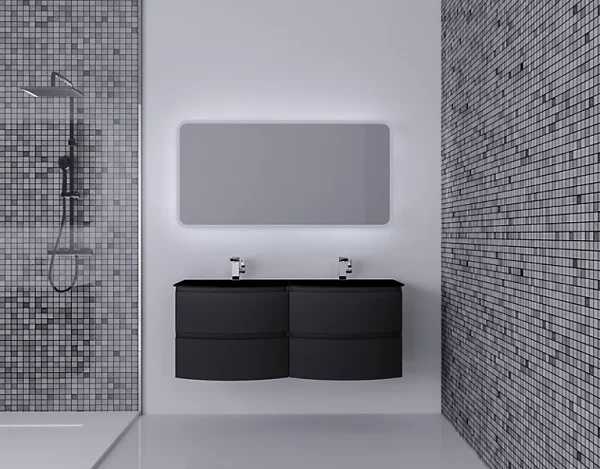 Castorama Ensemble Salle De Bains L.138 Cm Meuble Sous Vasque Graphite Mat + Plan Double Vasque Verre Noir Mat Vague Nouvelle tendance 1