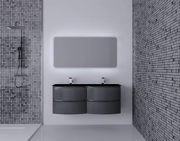 Castorama Ensemble Salle De Bains L.138 Cm Meuble Sous Vasque Gris Anthracite Brillant + Plan Double Vasque Verre Noir Mat Vague Large choix en ligne 1