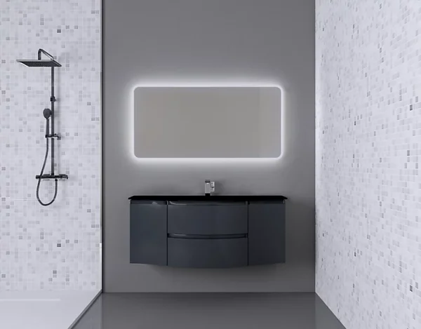 Acheter Maintenant Castorama Ensemble Salle De Bains L.138 Cm Meuble Sous Vasque Gris Anthracite Brillant + Plan Vasque Central Verre Noir Mat Vague 1
