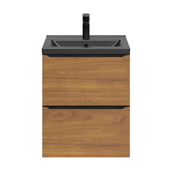 Castorama Ensemble Salle De Bains L.50 Cm Meuble à Suspendre Faible Profondeur Imandra Décor Noyer + Plan Vasque Porcelaine Noir en solde 1