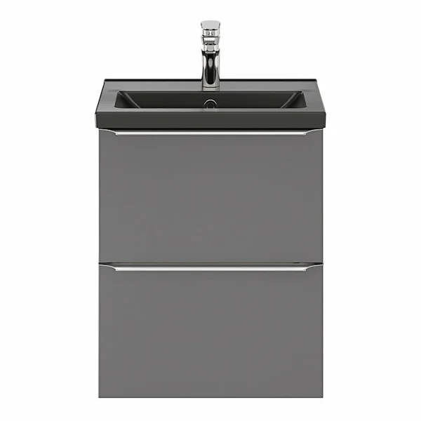 Castorama Ensemble Salle De Bains L.50 Cm Meuble à Suspendre Faible Profondeur Imandra Gris Brillant + Plan Vasque Porcelaine Noir des prix incroyables 1