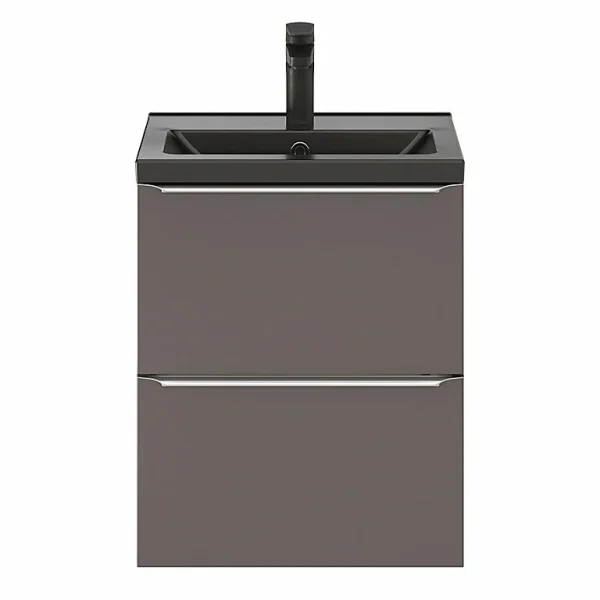 acheter en ligne Castorama Ensemble Salle De Bains L.50 Cm Meuble à Suspendre Faible Profondeur Imandra Gris Taupe Brillant + Plan Vasque Nira Céramique Noir 1