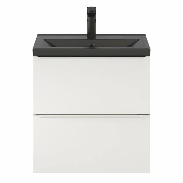 Livraison rapide Castorama Ensemble Salle De Bains L.60 Cm Meuble à Suspendre Faible Profondeur Imandra Blanc Brillant + Plan Vasque Céramique Noir 1