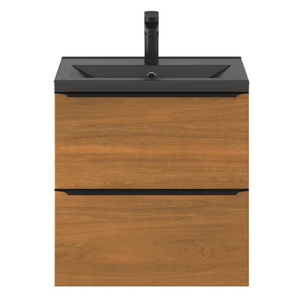 boutique pas cher Castorama Ensemble Salle De Bains L.60 Cm Meuble à Suspendre Faible Profondeur Imandra Décor Noyer + Plan Vasque Céramique Noir 1