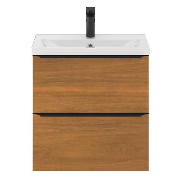 shopping pas cher Castorama Ensemble Salle De Bains L.60 Cm Meuble à Suspendre Faible Profondeur Imandra Décor Noyer + Plan Vasque Porcelaine Blanc 1