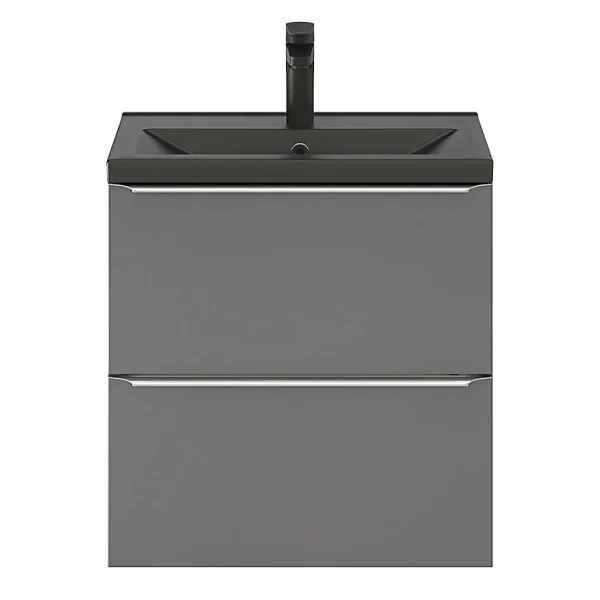 garantis authentique Castorama Ensemble Salle De Bains L.60 Cm Meuble à Suspendre Faible Profondeur Imandra Gris Brillant + Plan Vasque Céramique Noir 1
