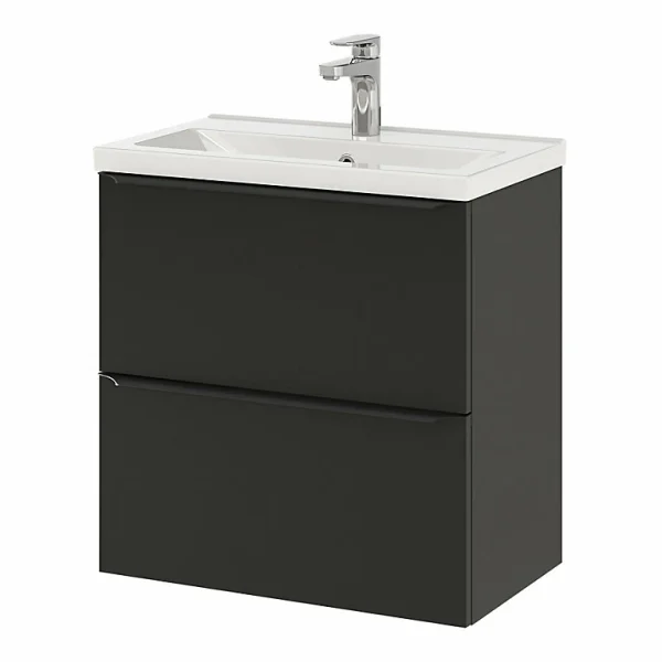 site pas cher Castorama Ensemble Salle De Bains L.60 Cm Meuble à Suspendre Faible Profondeur Imandra Noir Mat + Plan Vasque Porcelaine Blanc 1