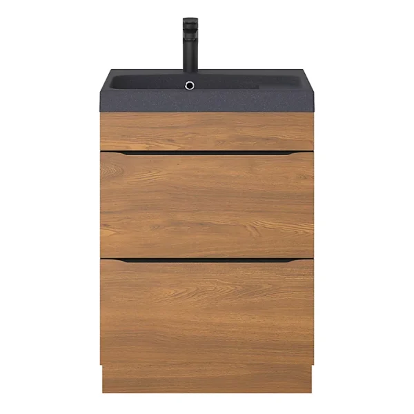meilleur service Castorama Ensemble Salle De Bains L.60 Cm Meuble à Suspendre Imandra Décor Noyer + Plan Vasque Résine Noir 1