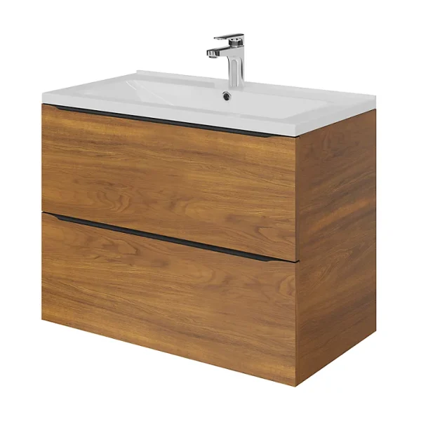 à prix d'occasion Castorama Ensemble Salle De Bains L.80 Cm Meuble à Suspendre Faible Profondeur Imandra Décor Noyer + Plan Vasque Nira Céramique Blanc 1