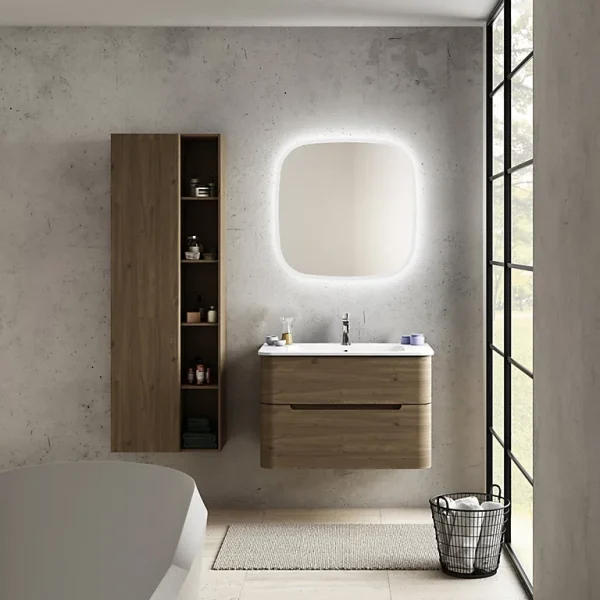 achat pas cher Castorama Ensemble Salle De Bains L. 84 Cm Meuble Sous Vasque Décor Noyer + Plan Vasque Blanc Brillant Alba 1