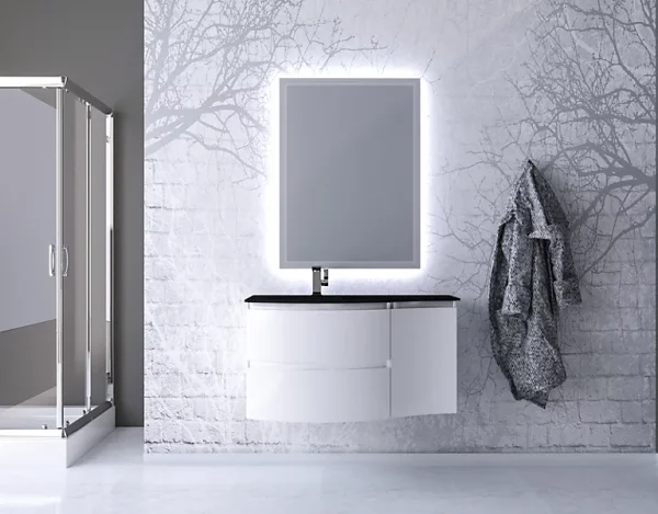 grossiste en ligne Castorama Ensemble Vague L.104 Cm Meuble Sous Vasque à Suspendre Blanc Brillant + Complément Droit + Plan Vasque Verre Noir Mat 1