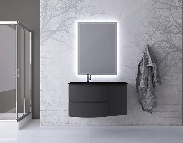 pas cher Castorama Ensemble Vague L.104 Cm Meuble Sous Vasque à Suspendre Gris Anthracite Brillant + Complément Droit + Plan Vasque Verre Noir Mat 1