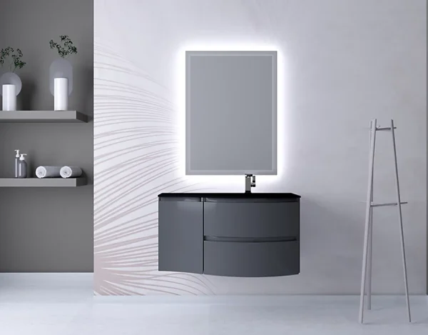 Castorama Ensemble Vague L.104 Cm Meuble Sous Vasque à Suspendre Gris Anthracite Brillant + Complément Gauche + Plan Vasque Verre Noir Mat soldes luxe 1