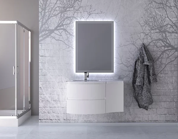 l'unique style Castorama Ensemble Vague L.104 Cm Meuble Sous Vasque Blanc Mat à Suspendre + Complément Droit + Plan Vasque Verre Blanc 1