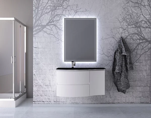 belle Castorama Ensemble Vague L.104 Cm Meuble Sous Vasque Blanc Mat à Suspendre + Complément Droit + Plan Vasque Verre Noir Mat 1