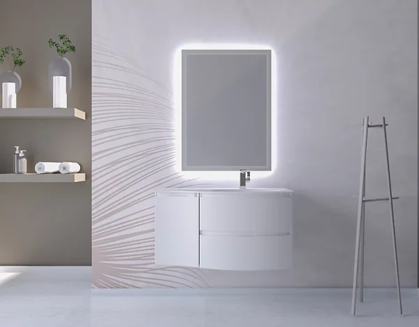 officiel Castorama Ensemble Vague L.104 Cm Meuble Sous Vasque Blanc Mat à Suspendre + Complément Gauche + Plan Vasque Résine Blanc 1