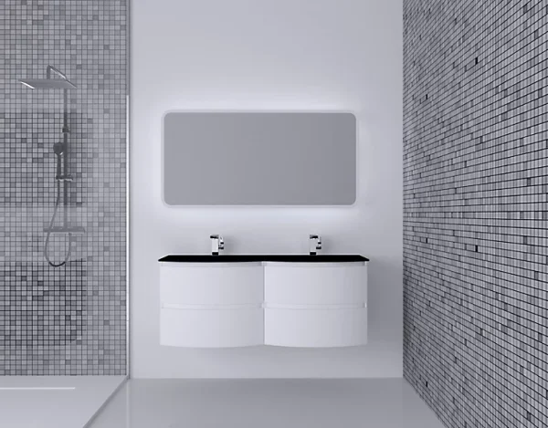 france en ligne Castorama Ensemble Vague L.138 Cm Meuble Sous Vasque à Suspendre Blanc Mat + Plan Double Vasque Verre Noir Mat 1