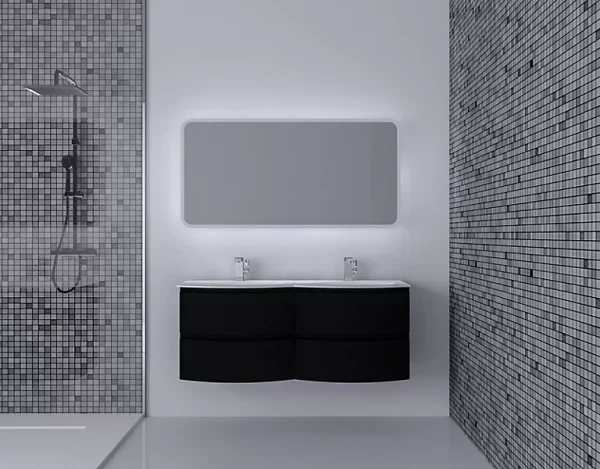 à prix promos Castorama Ensemble Vague L.138 Cm Meuble Sous Vasque à Suspendre Noir Mat + Plan Double Vasque Résine Blanc 1