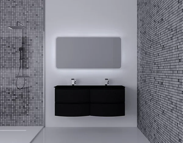 dernière tendance Castorama Ensemble Vague L.138 Cm Meuble Sous Vasque à Suspendre Noir Mat + Plan Double Vasque Verre Noir Mat 1