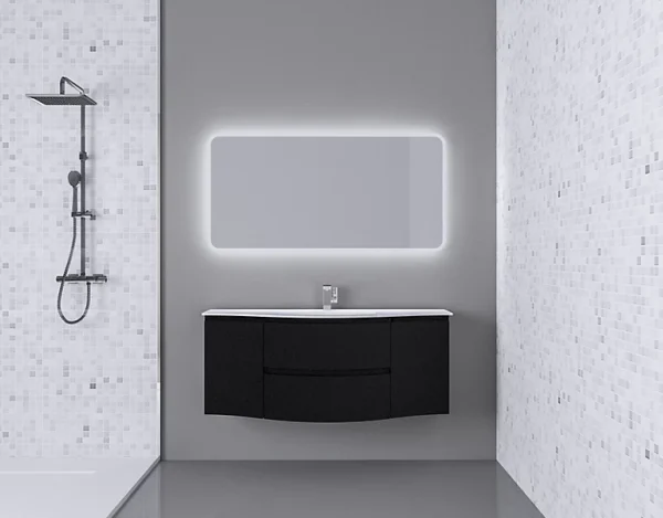 authentiques Castorama Ensemble Vague L.138 Cm Meuble Sous Vasque à Suspendre Noir Mat + Plan Vasque Central Résine Blanc 1
