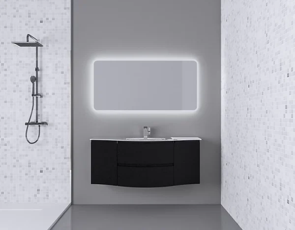 Authenticité garantie Castorama Ensemble Vague L.138 Cm Meuble Sous Vasque à Suspendre Noir Mat + Plan Vasque Central Verre Blanc 1
