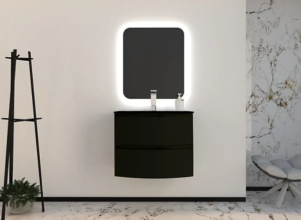 beauté Castorama Ensemble Vague L.70 Cm Meuble Sous Vasque Noir Mat à Suspendre + Plan Vasque Verre Noir Mat 1