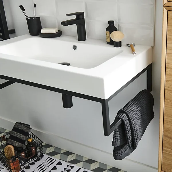 Castorama Équerre Porte-serviettes Pour Vasque GoodHome Duala Métal Noir 80 Cm + Plan Vasque Blanc GoodHome Mila 80 Cm france 1