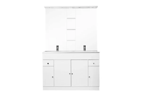 Boutique Castorama Meuble De Salle De Bains à Poser Cooke & Lewis Atrato Blanc 120 Cm + Plan Double Vasque + Miroir éclairant 1