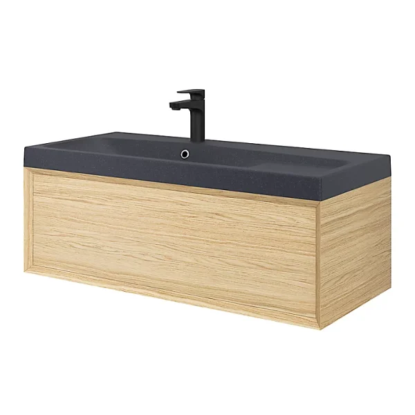 boutique Castorama Meuble Sous Vasque 1 Tiroir à Suspendre GoodHome Avela Placage Chêne 100 Cm + Plan Vasque En Résine Noir Mila 1