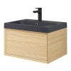 prix abordable Castorama Meuble Sous Vasque 1 Tiroir à Suspendre GoodHome Avela Placage Chêne 60 Cm + Plan Vasque En Résine Noir Mila 5