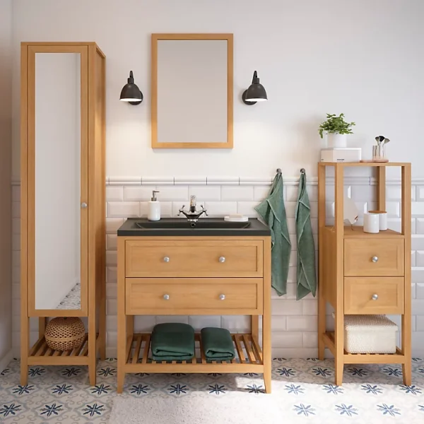Castorama Meuble Sous Vasque à Poser 2 Tiroirs GoodHome Perma Chêne 80 Cm + Plan Vasque Noir GoodHome Nira l'unique style 1