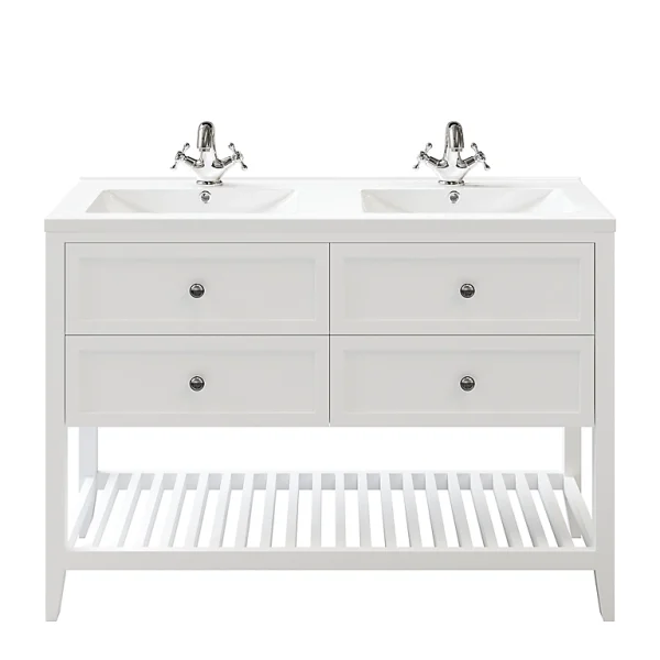 boutique Castorama Meuble Sous Vasque à Poser 4 Tiroirs GoodHome Perma Blanc 120 Cm + Plan Double Vasque Nira 1