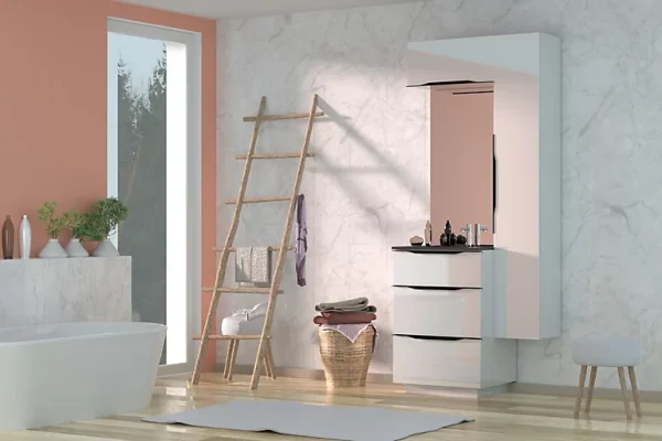 magasin en ligne france Castorama Meuble Sous Vasque à Poser Pamili Blanc Brillant 60 Cm + Plan Vasque En Résine Noir 1