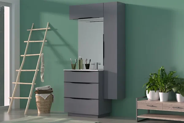 magasin solde Castorama Meuble Sous Vasque à Poser Pamili Gris Anthracite Brillant 80 Cm + Plan Vasque En Résine Blanc 1