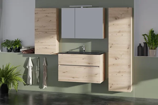 Castorama Meuble Sous-vasque à Suspendre Calao Aspect Chêne Artisan 90 Cm + Plan Vasque En Résine Noir meilleur cadeau 1